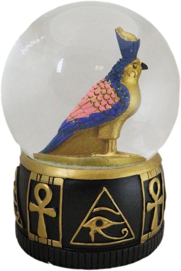 Ebros Black and Gold Ancient Egyptian Hieroglyphic Eye of Horus Ankh and Falcon Bird Glitter Snow Globe 100mm Collectible Figurine with Hieroglyphic Base Small Novelty Water Globes