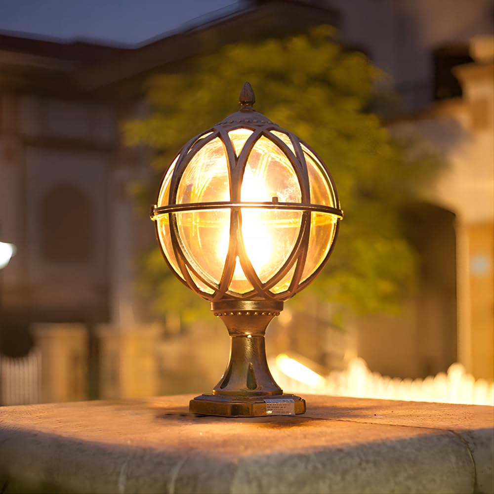 Ibalody Brass Traditional Globe Glass Ball E27 Garden Column Lamp European Antique Retro Outdoor Ip54 Waterproof Die-Cast Aluminum Post Light Courtyard Path Door Landscape Decorative Pillar Light
