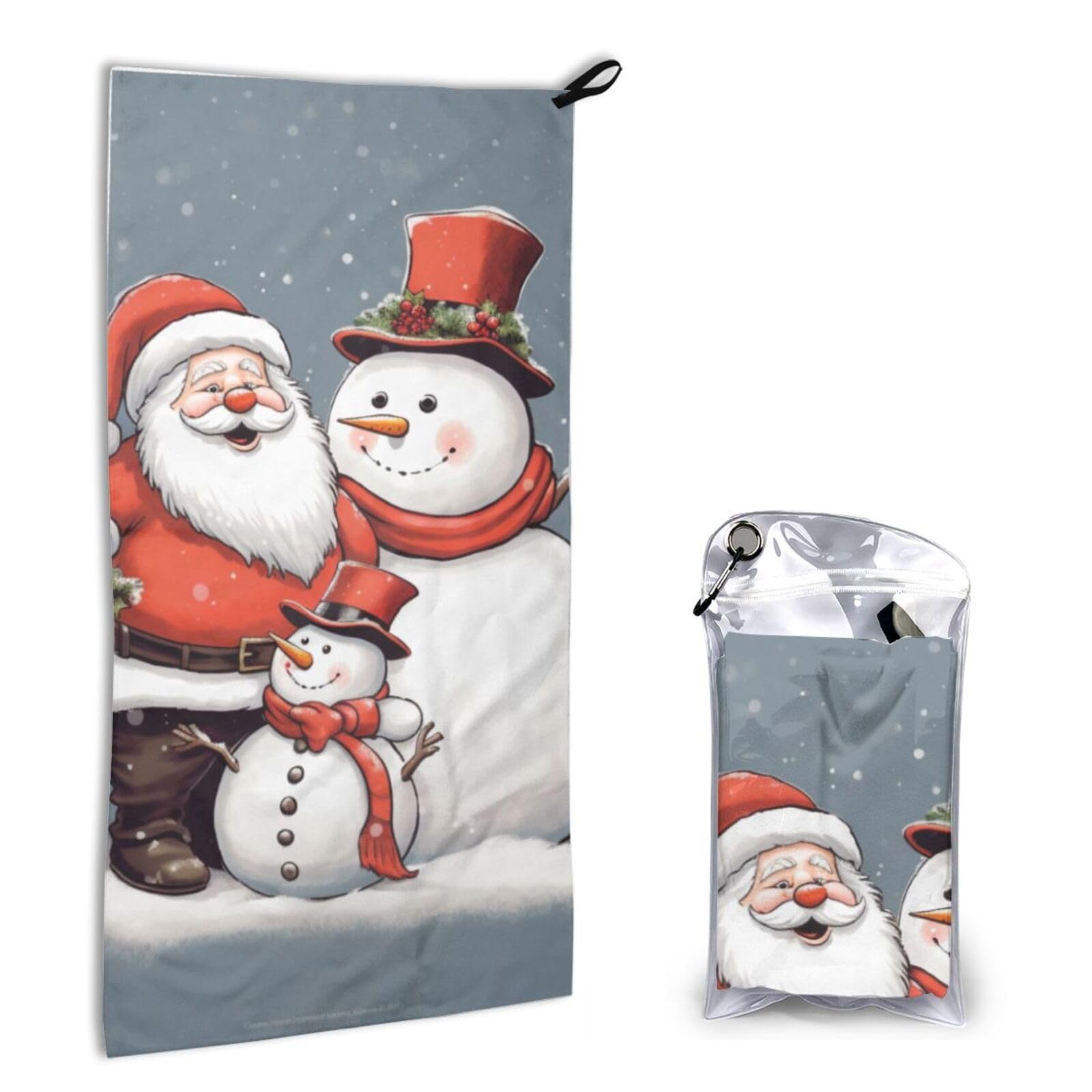 BWWHCCTI Quick Dry Hand Towel With Bag - Santa Claus and Snowman Printed Super Absorbent Face Cloth Microfiber Travel Sports Towels 40x80cm