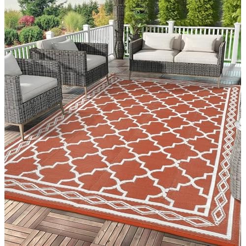 Garvee Large Outdoor Rugs 9x18 Waterproof Reversible Outdoor Plastic Straw Rugs, Easy Cleaning Patio Camping Carpet, All-Weather Outside Rugs for RV Patio Porch Deck Balcony (Brick red/White