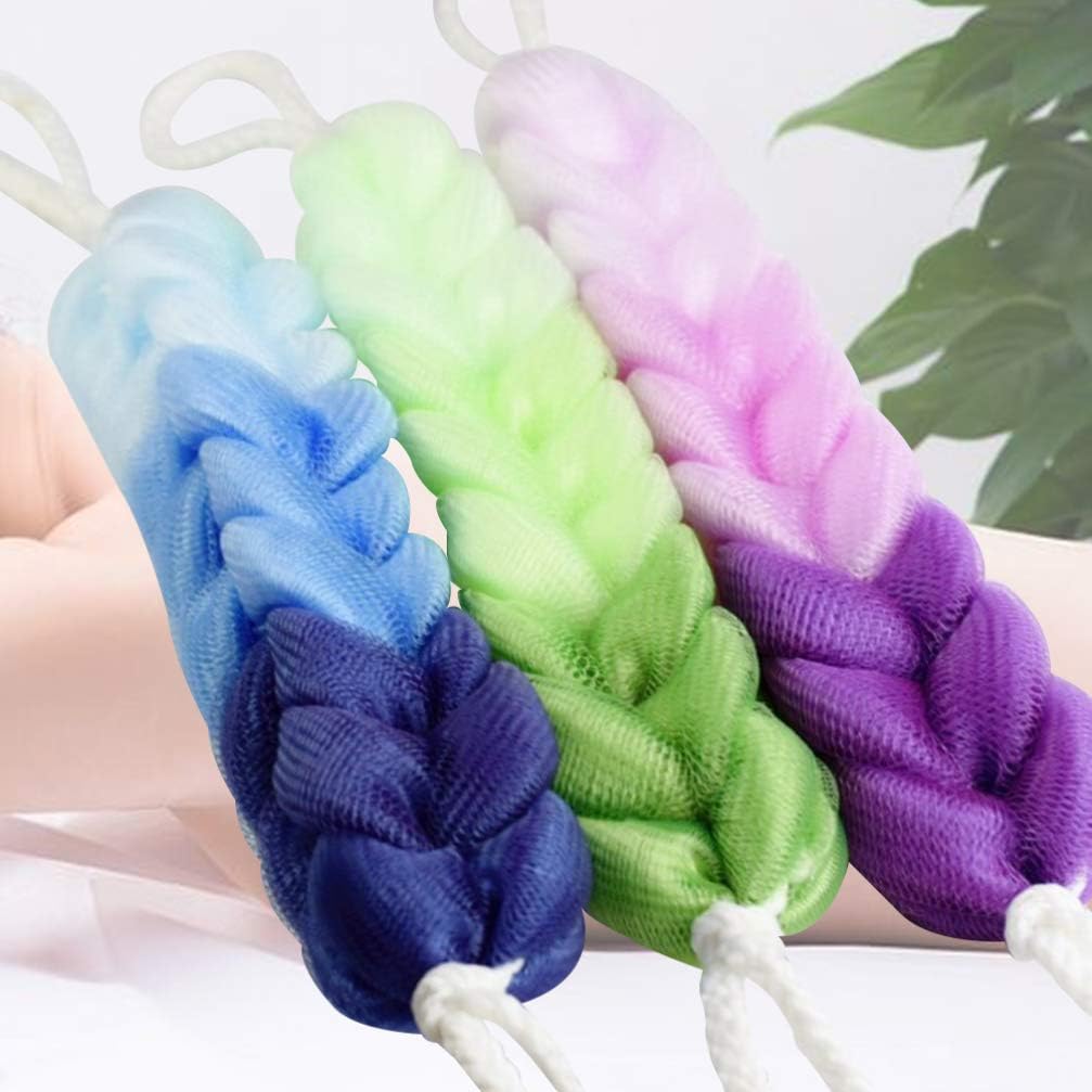 Healifty Exfoliating Bath Sponge with Long Stretch Back Scrubber and Rope Handles Mesh Shower Pouf for Gentle Dead Skin Removal and Deep Pore Cleansing 11.81 Inch 3Pcs