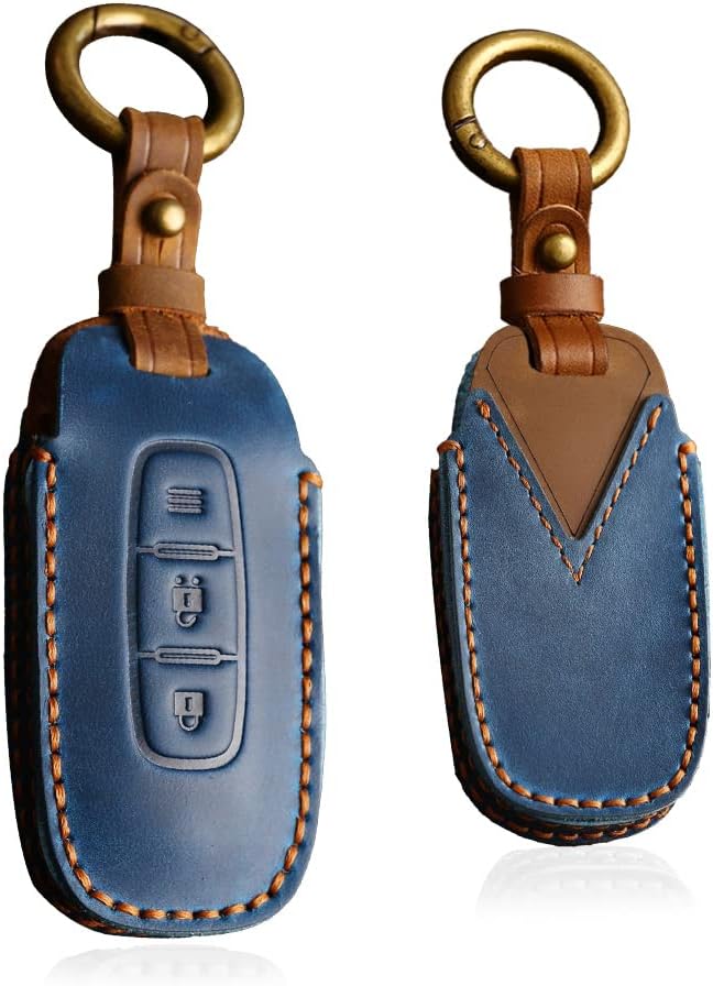 HIBEYO Key Fob Cover for Nissan Qashqai Altima Teana 2022 2023 Accessories with Keychians Leather Key Case Shell for Nissan Smart Remote Auto Key-Blue