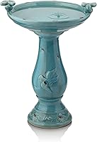 Alpine Corporation 25" Turquoise Antique Ceramic Pedestal Birdbath with 2 Bird Figurines - Outdoor Garden Bird Bath