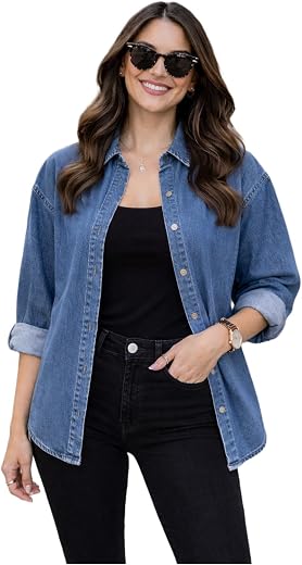 FUNDAY FASHION Women Oversized Fit Solid Casual Denim Shirt