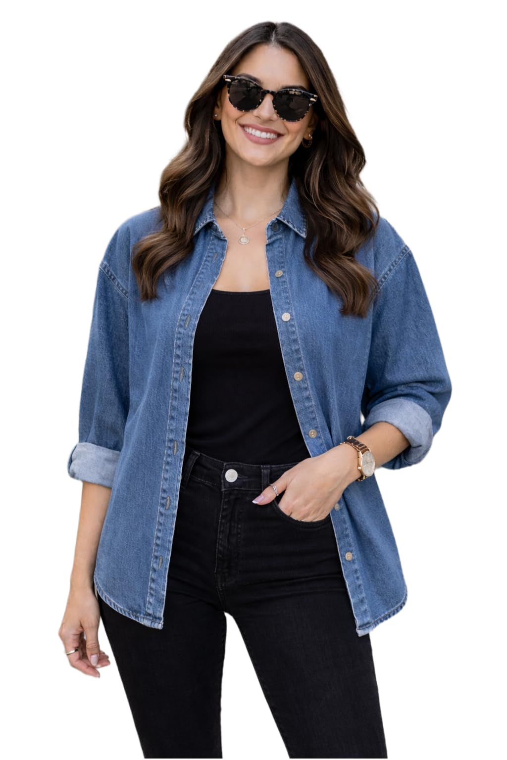funday fashion Women Oversized Fit Solid Casual Denim Shirt-picture-37