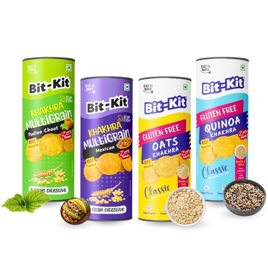 Bit Kit Multigrain Pudina Chaat, Mexican & Gluten-Free Oats, Quinoa Coin Khakhra Combo | 100% Roasted Thins Low-Calorie Tea Time Snacks | Cholesterol-free Diet Khakhra - Combo Pack of 4 (B0CJM2VTKS) Amazon Price History, Amazon Price Tracker