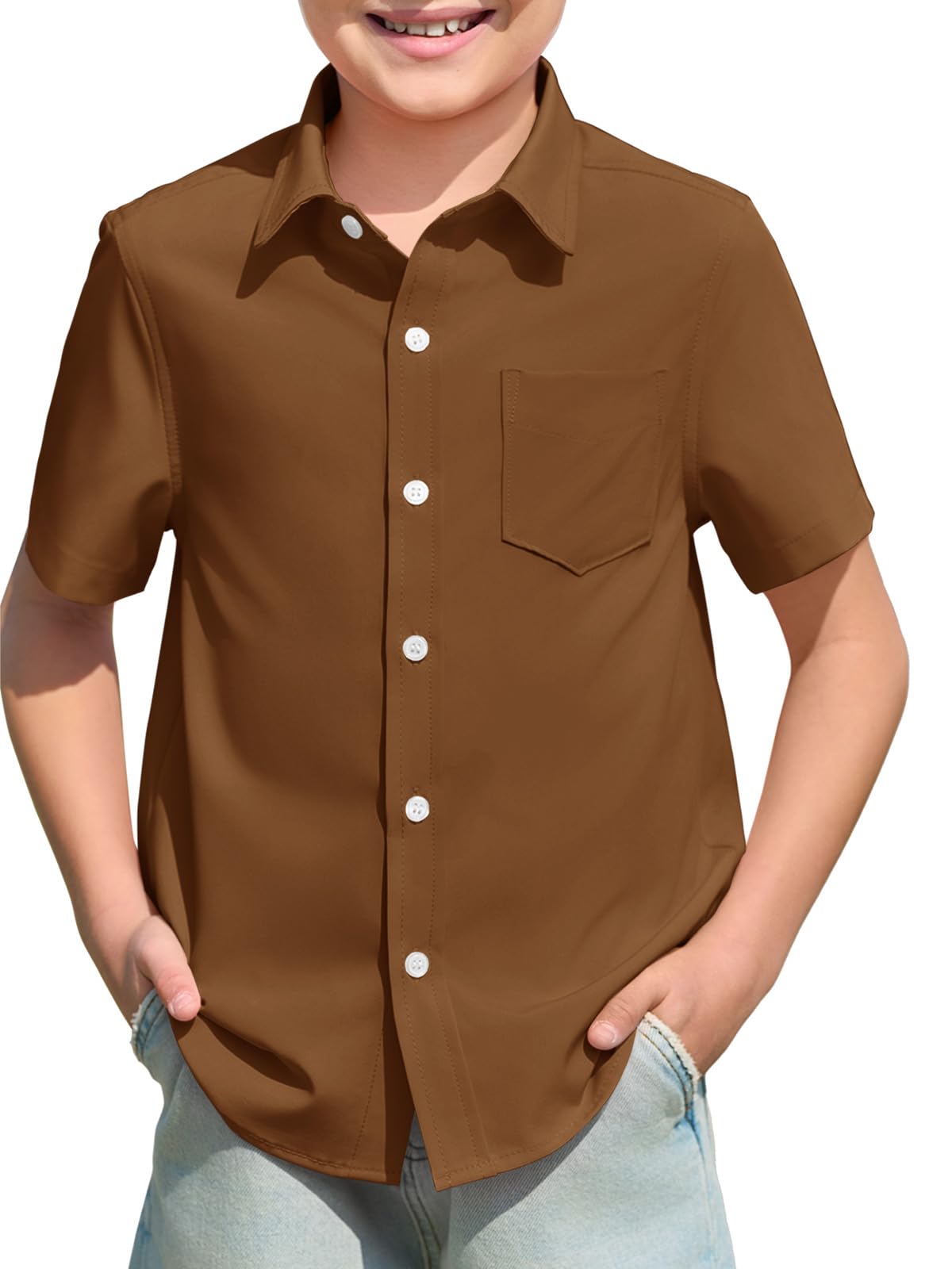 Haloumoning Boys Dress Shirts Button Down Short Sleeve Shirt Kids Summer Casual Shirts with Pockets 5-14 Years