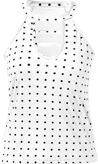 Women's T-Shirt Top Women's Summer Cardigan Sleeveless Slim Women's Tops with Polka Dot Pattern and Keyhole Neck Back and Matching Halterneck Polka Round Women's Blouse Mesh Shirt, White, XXXXL