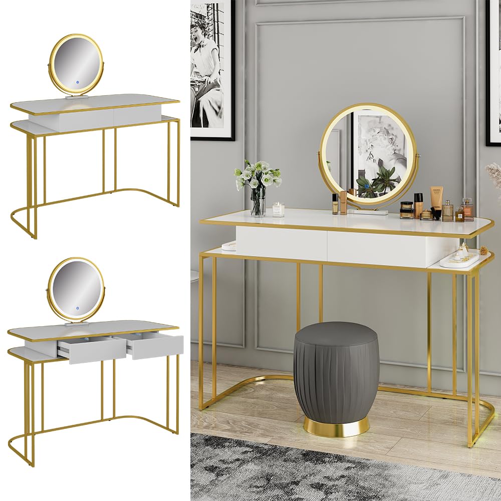 Vicco Tavolo da toilette Tiara, Bianco/Oro, 110 cm, con illuminazione LED e specchio regolabile in altezza