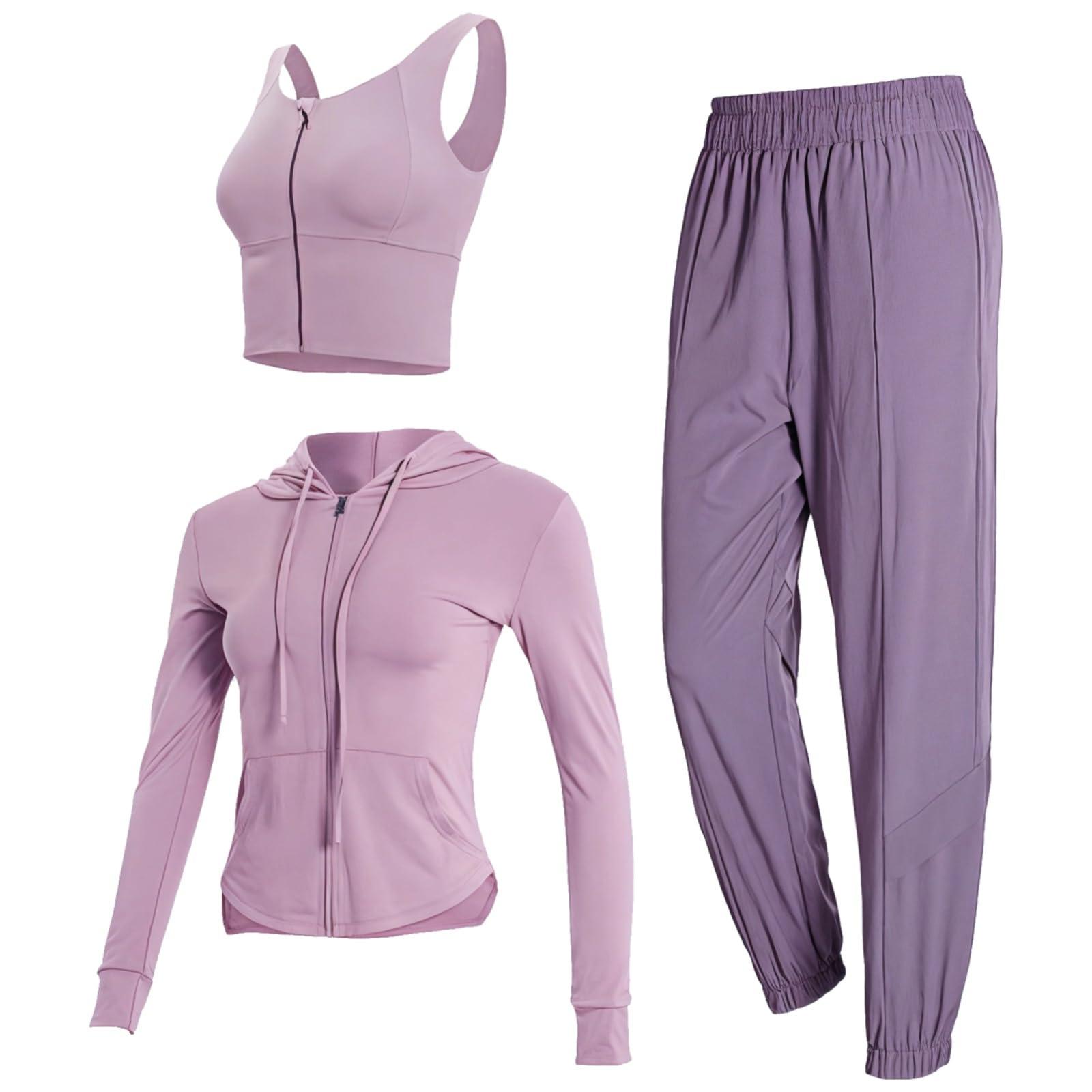 Conjunto de yoga y entrenamiento de 3 piezas para mujer, brasier deportivo, chaqueta con capucha y cremallera, pantalones deportivos, tela transpirable y de calidad para XXL