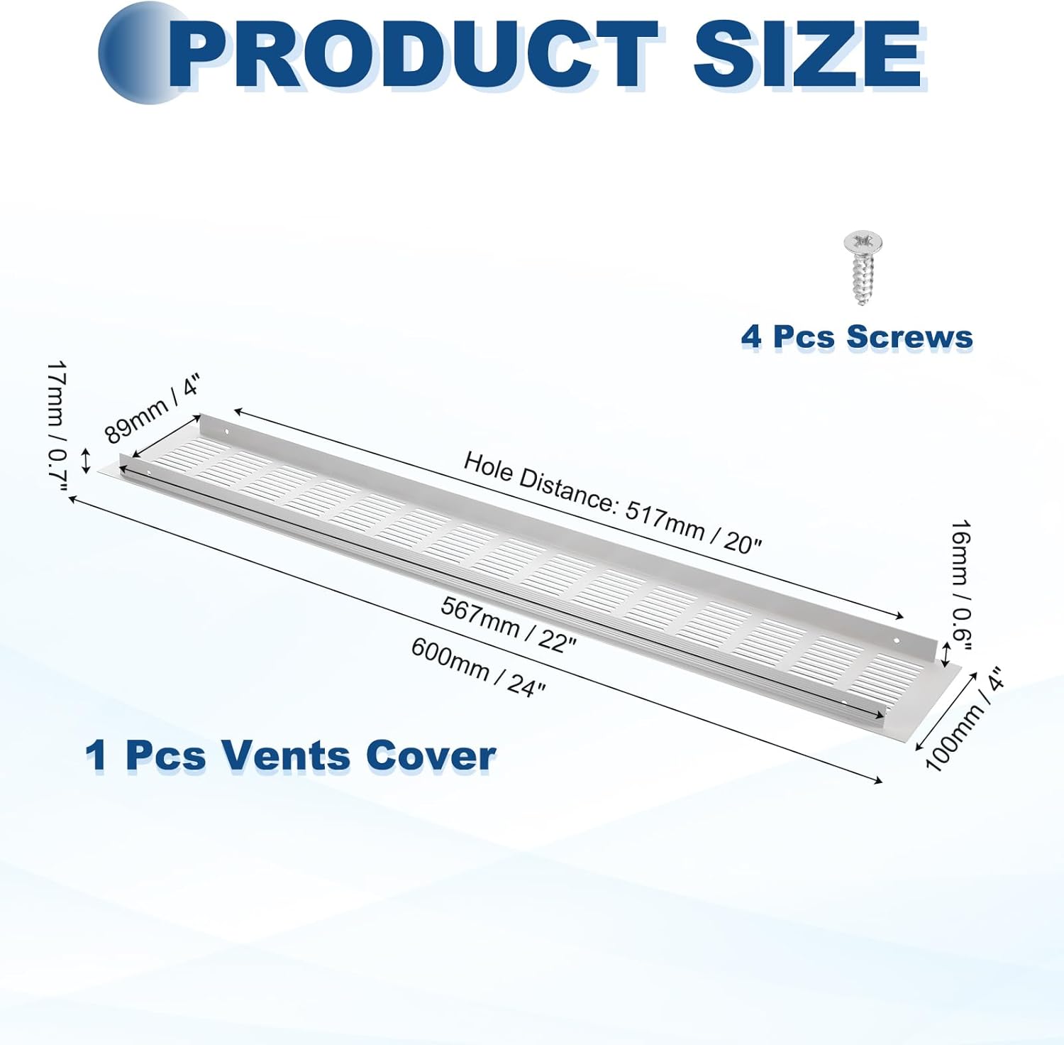 24 x 4 Inch Door Air Vent Cover, 1 Set Heavy Duty Aluminum Grille Ventilation Cover Louvered with 4 Mounting Screws for Cabinet Wardrobe Door, Grey