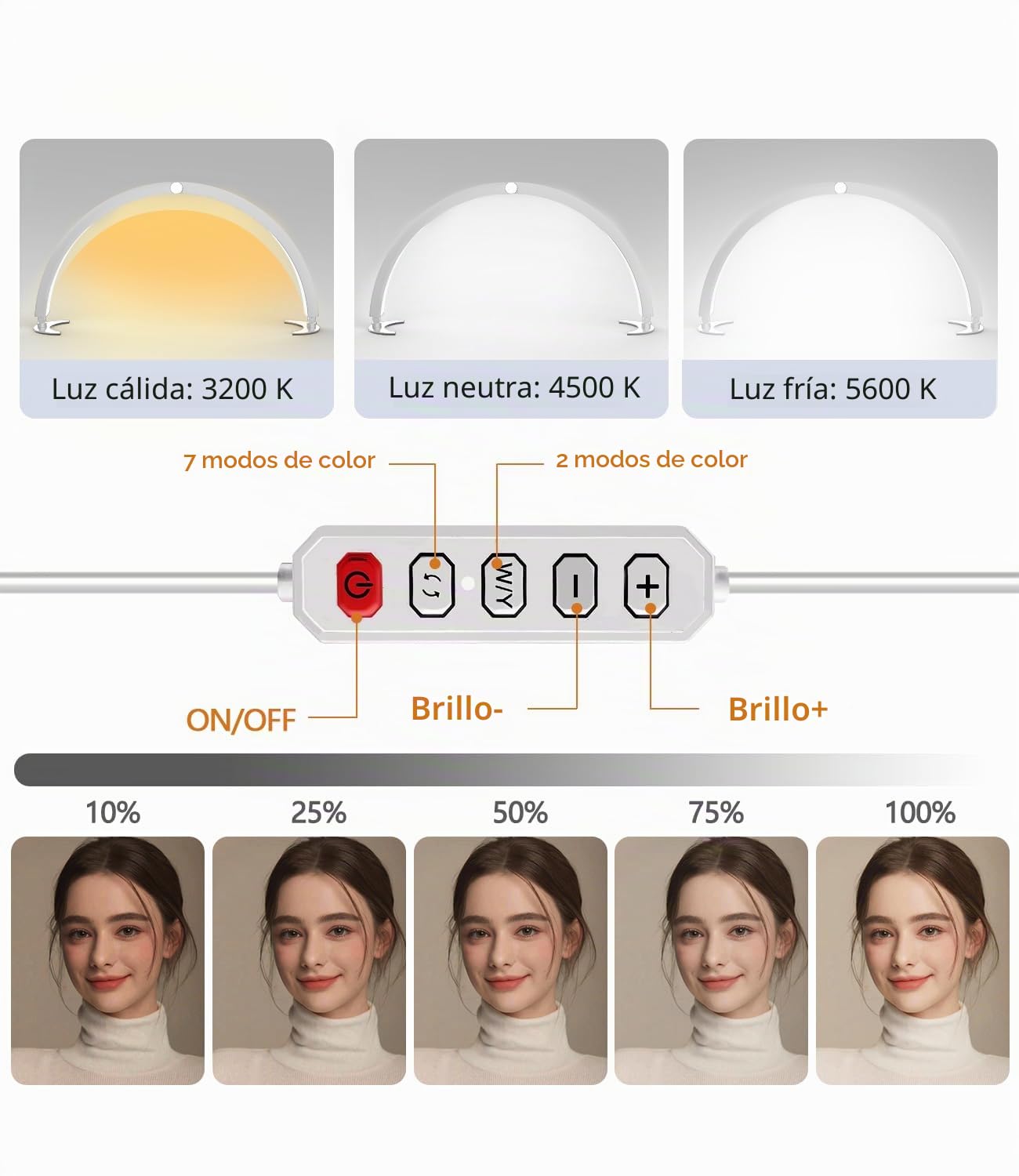 yAyusi Media Luna Lámpara para Uñas con Soporte, 74CM 40W Luz Técnica para Uñas, Lámpara de Mesa para Uñas con Controlador de Cable y Control Remoto, 7 Modos 10 Brillos para Belleza/Pestañas (Blanco)