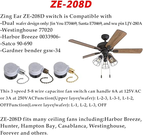 Miniatura 4 de Interruptor de ventilador de techo Zing Ear ZE-208D Control de 3 velocidades 5-8 cables Interruptor de cadena de tracción Accesorios Accesorios