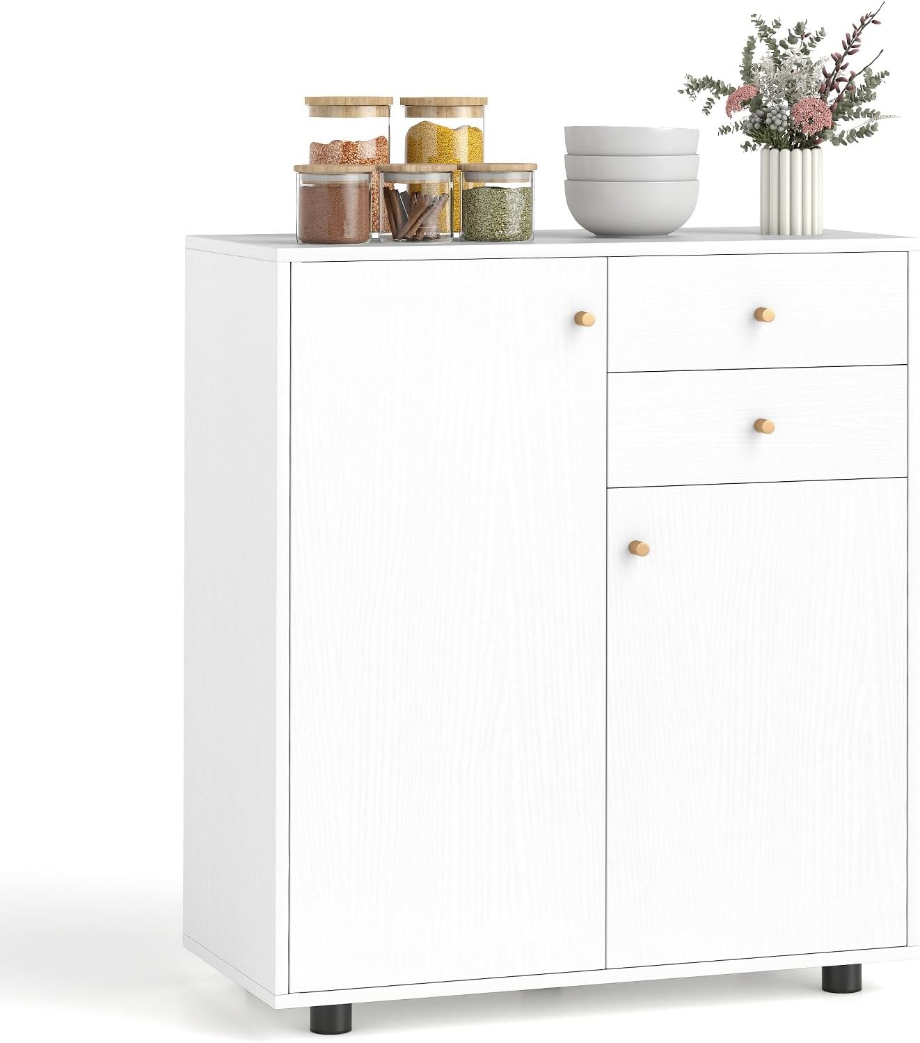 LOKO Kitchen Sideboard Buffet Cabinet, Coffee Bar Cabinet with 2 Drawers, 2 Doors and 3 Adjustable Shelves, Modern Farmhouse Storage Organizer for Dining Room, Living Room & Entryway