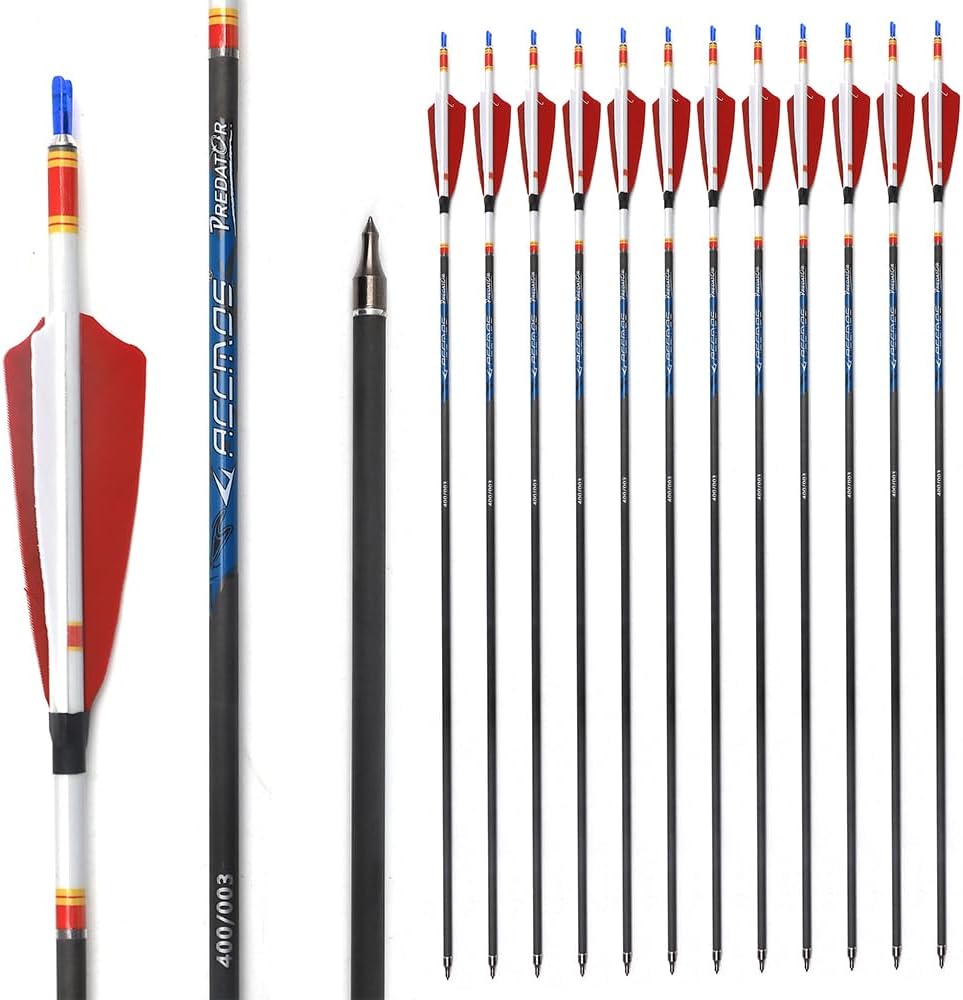 6/12pc Custom Length Feathered Carbon Arrows 200/250/300/350/400/500/600/700/800 Spine Removable Tips 4" Turkey Feather Targeting Hunting Arrow for Long-Bow Recurve Bow Compound Bow Archery A25