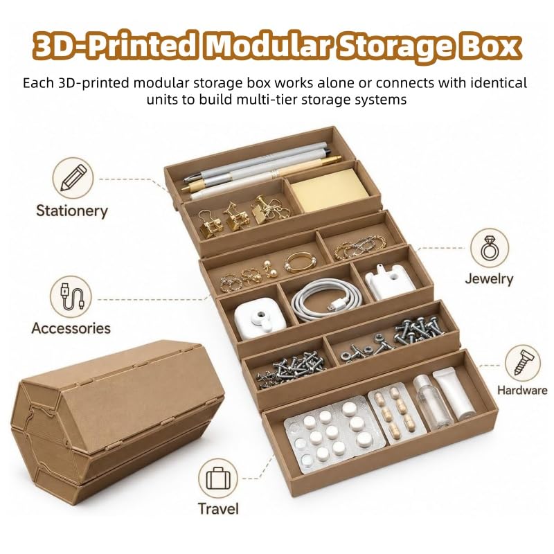 Boîte de rangement 3D avec couvercle articulé à enroulement et compartiments - 3