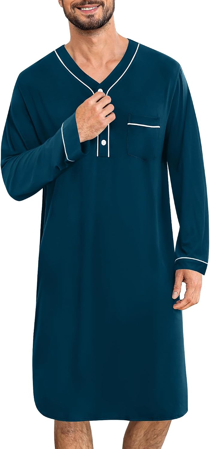 SWOMOG Men's Nightshirt Long Sleeve Nightgown Soft Loose Sleepwear Lightweight Nightwear Comfy Henley Sleep Shirt M-3XL