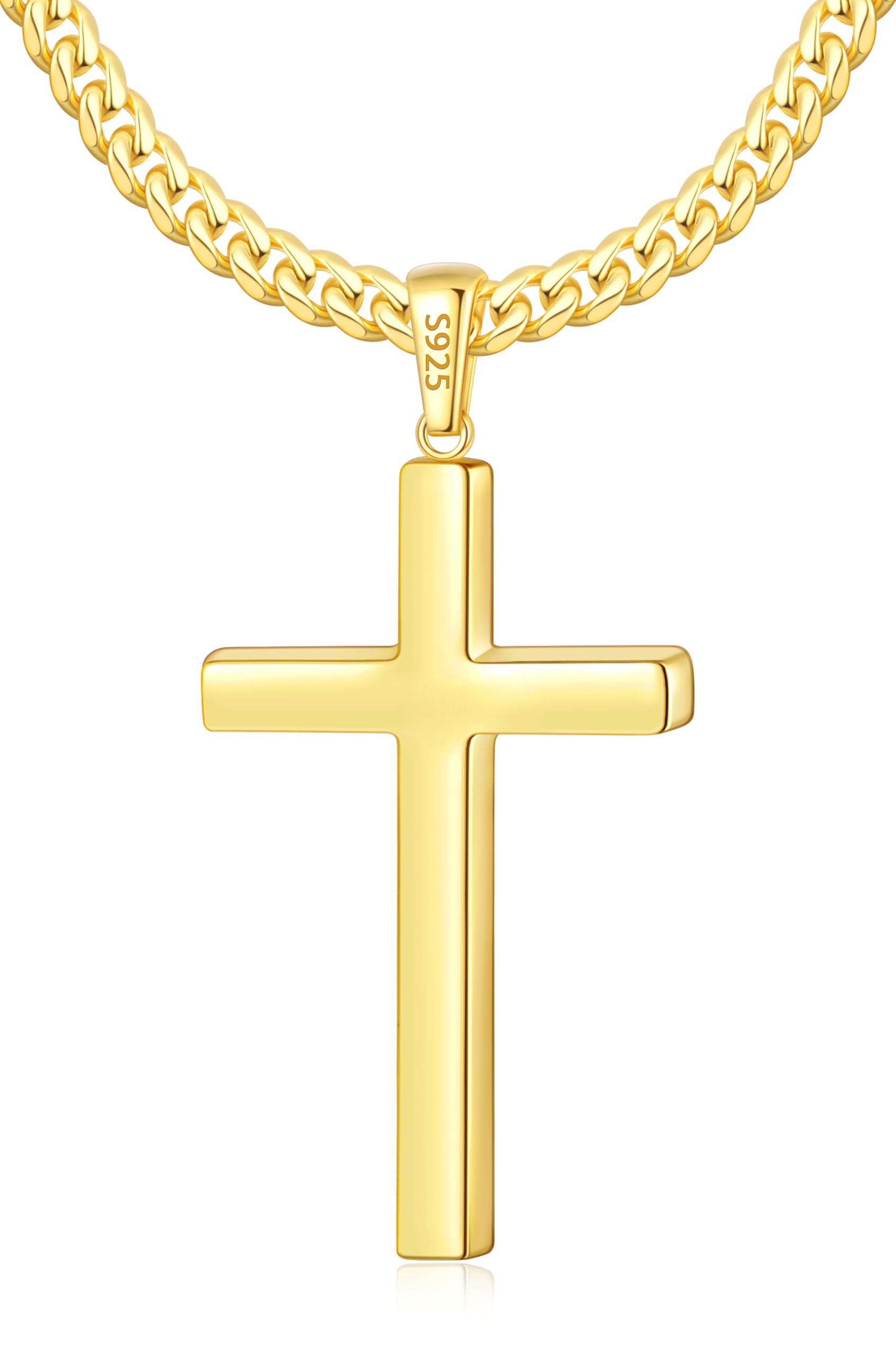 Eterjew S925 Sterling Silver or 18k Gold Plated Cross Necklace for Men Women, Thick Sterling Silver Cross Pendant with 4mm Cuban Chain, Sturdy, Not