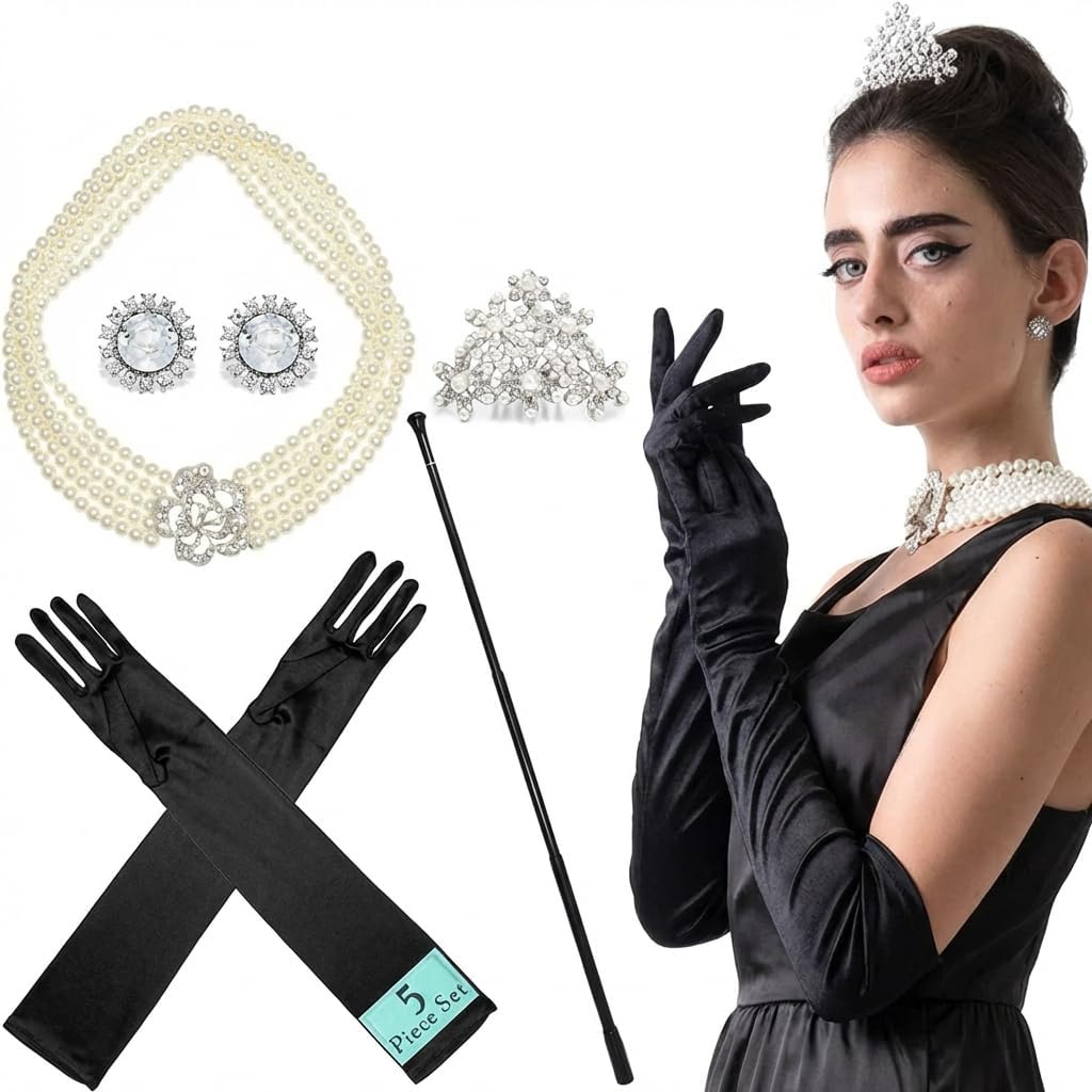 Utopiat Audrey-Inspired 5 Piece Costume Jewelry Set – Pearl Necklace & Earrings, Tiara, Black Satin Opera Gloves & Holder, Vintage Hollywood Holly Golightly Accessories for Women
