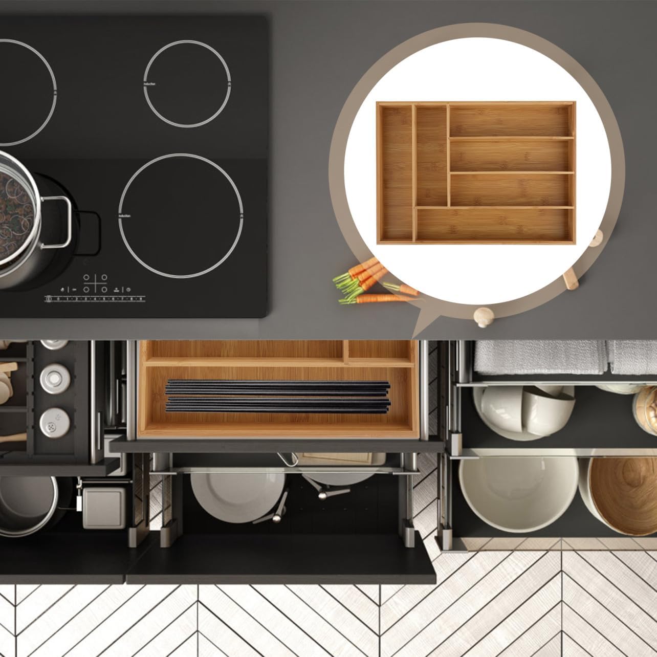 Cutlery Tray Drawer Organizer 6-compartment Kitchen Flatware Storage Box Tableware Organizer for Utensils and Silverware