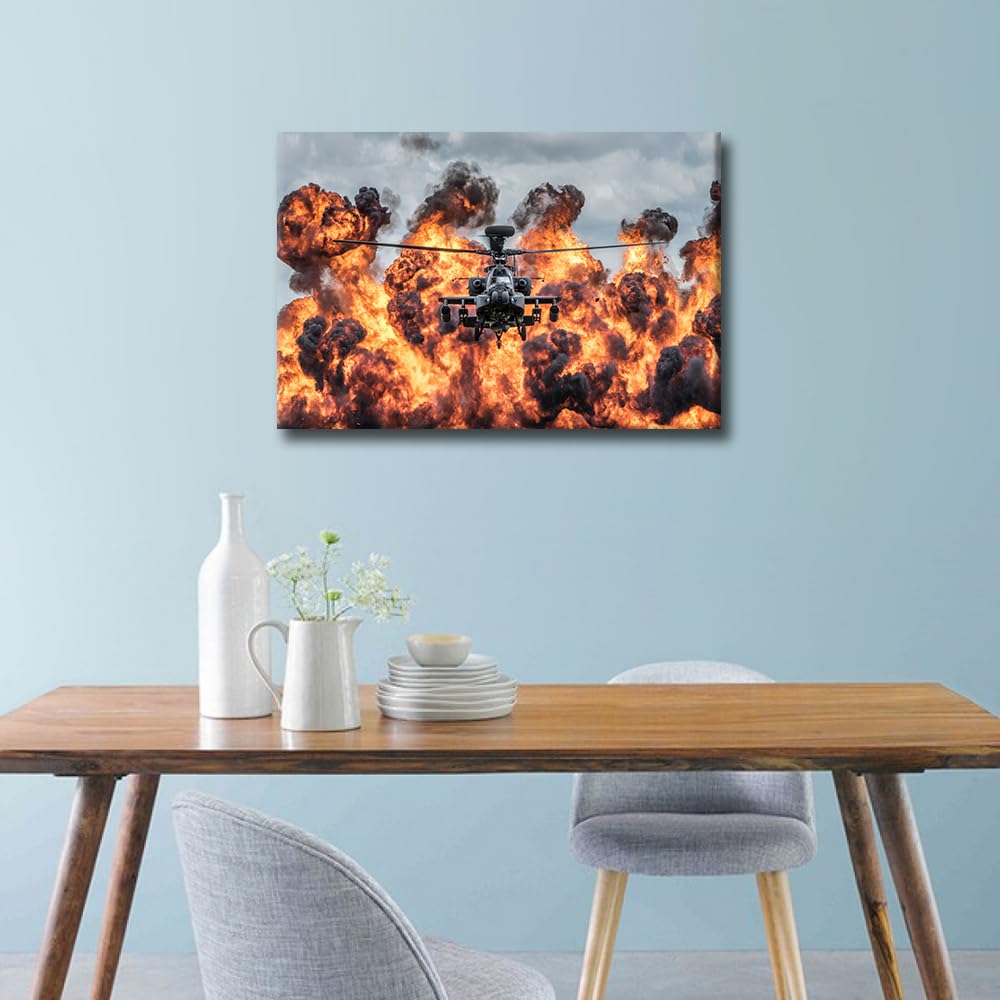 TISHIRON Military Aircraft Wall Art Decor Painting on Canvas Army Apache Attack Helicopter Pictures for Home Walls 1 Panel Office Wall Art Framed Modern Artwork for Living Room Bedroom 24x16in - Image 2