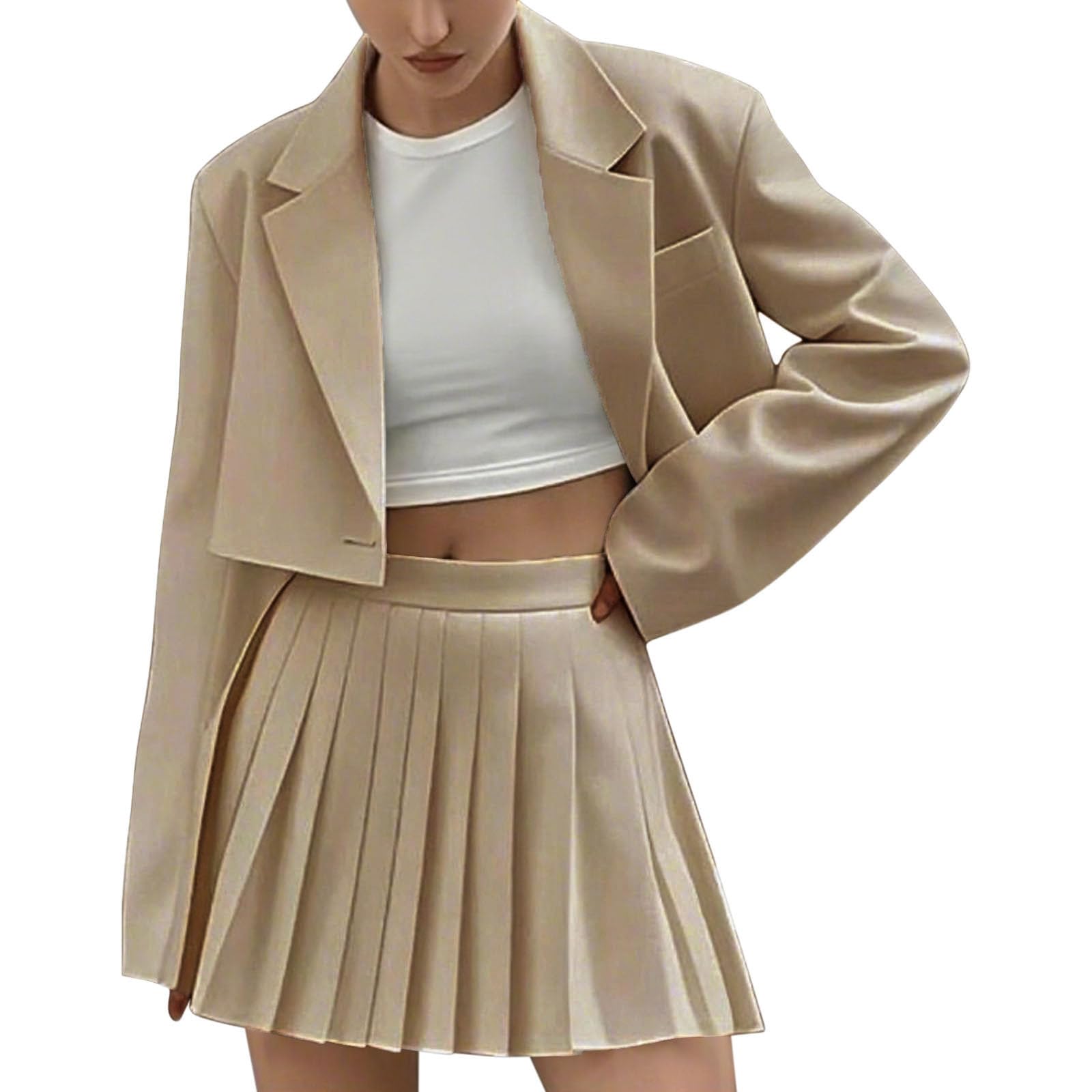 Womens 2 Piece Skirt Sets Business Casual Blazer Suit Mini Pleated Skorts Cropped Jackets Suits Matching Outfits