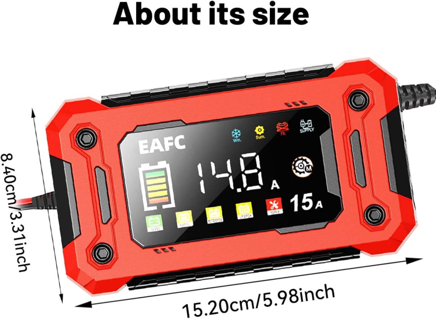 The EAFCAuto 12V/24V 15A Battery Charger with dimensions indicated: 8.40cm/3.31inch in width and 15.20cm/5.98inch in length.
