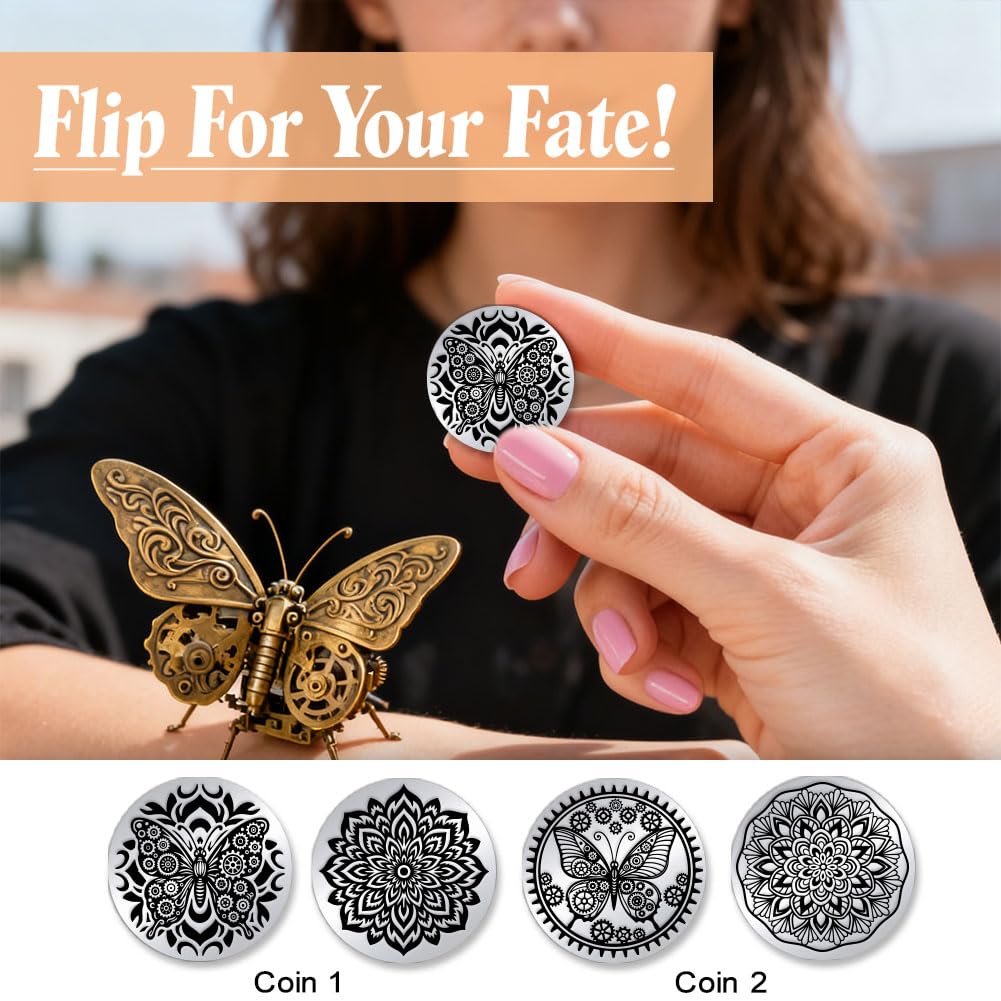 UNICRAFTALE 2Pcs Stainless Steel Double Sided Decision Coins Mechanical Butterfly Mandela Coin Insect Flower Decision Coin Gifts with Paper Box for Women Men Commemorative Gifts - Image 4