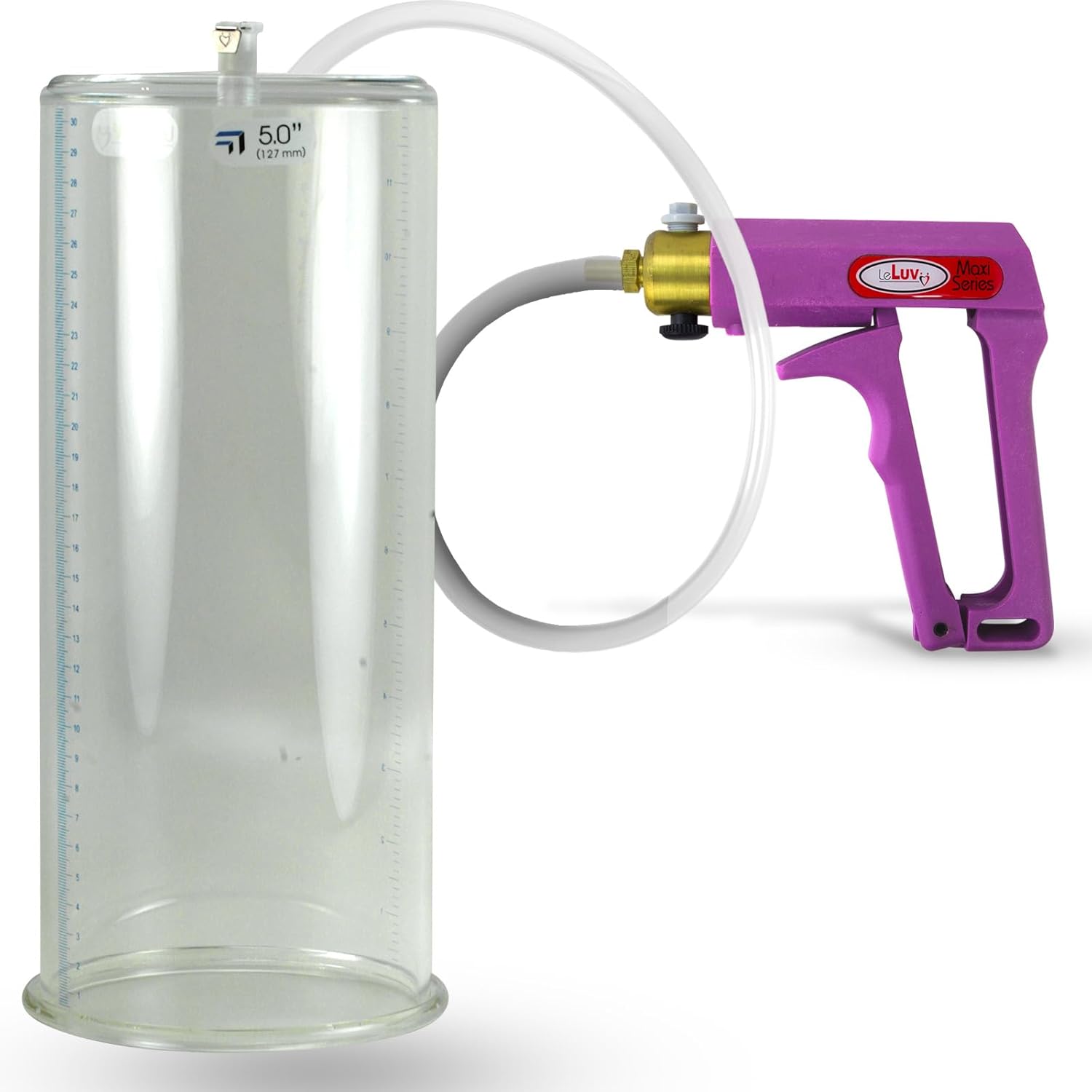 LeLuv Maxi Penis Pump - Purple Handle, Clear Hose with 12" Length x 5.0" Diameter Cylinder - Untapered, Seamless, Rounded Flange Cylinder