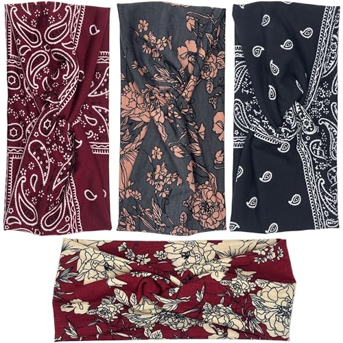 4PCS Boho Knotted Fashion Sports Headbands, Non-Slip Stylish Sports Hair Bands for Women, Soft Cotton Cloth Stretchy Headbands for Yoga, Outdoor Exercise Running