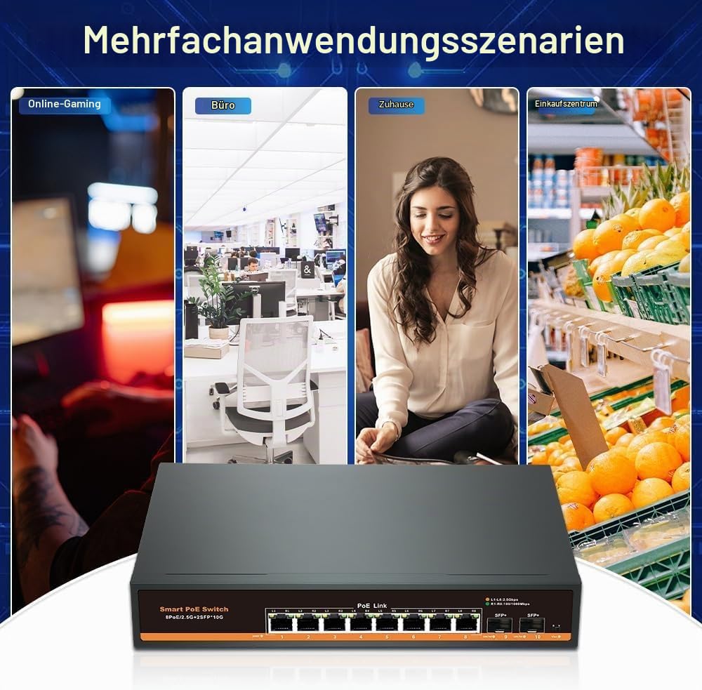 2.5G Unmanaged PoE Switch mit 8 x 2.5G Base-T Ports und 2 x 10G SFP Uplink Port, 120W kompatibel mit 100/1000/2500Mbps, Fanlesss Design, Plug & Play, 2.5Gb Power Over Ethernet Switch(10)