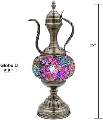 SILVERFEVER Mosaic Turkish Teapot Lamp Moroccan Glass for Table Desk Bedside Bronze Base Bundle with E12 Light Bulb (Golden Purple)