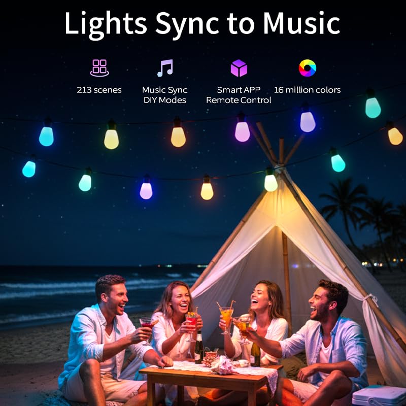 S14 Lichterkette für den Außenbereich, intelligente Terrassenlichter mit 15 bruchsicheren LED-Glühbirnen, App und Fernbedienung, 213 Szenenmodi, IP67 wasserdicht für Garten, Hochzeit