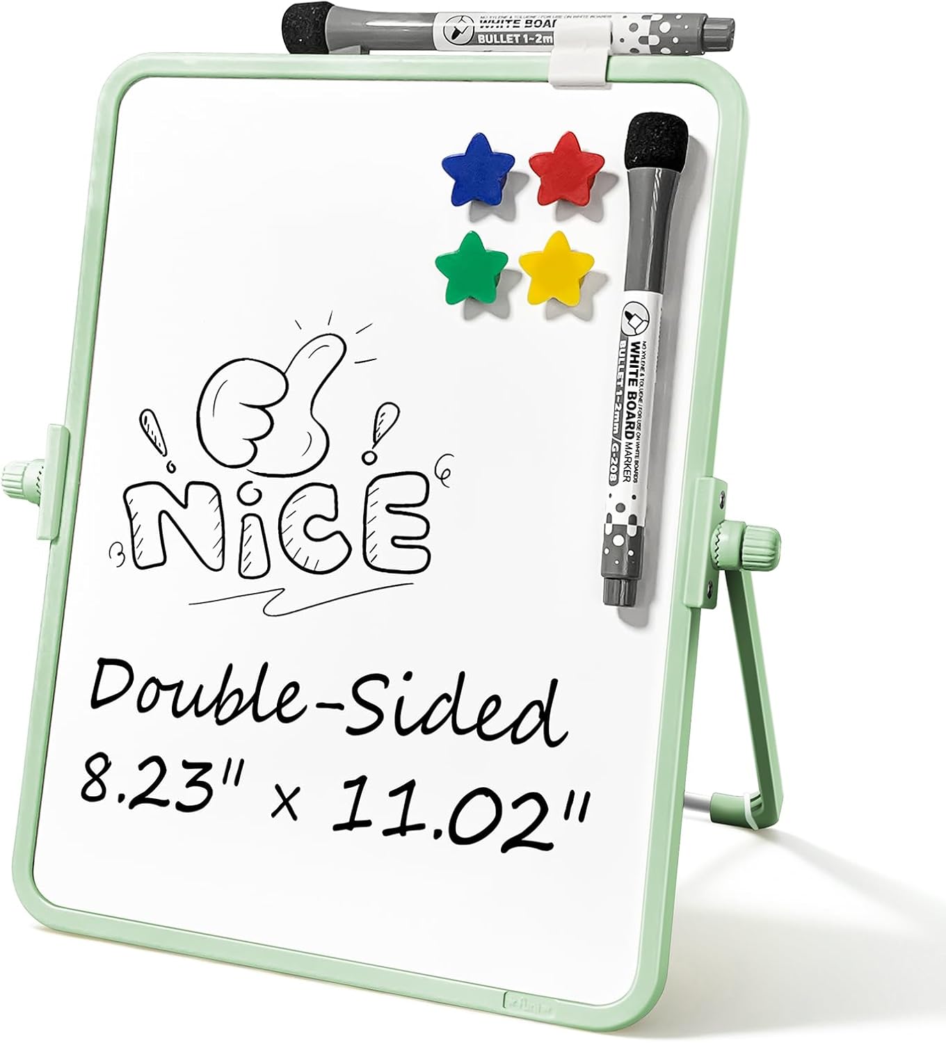 Colorful Dry Erase White Board 8.3x11in, Magnetic Desktop Board with Stand, 2 Markers (Eraser Head), 4 Magnets - Double-Sided Easel for Daily Planning, Memo, Office/Home/School (Green)