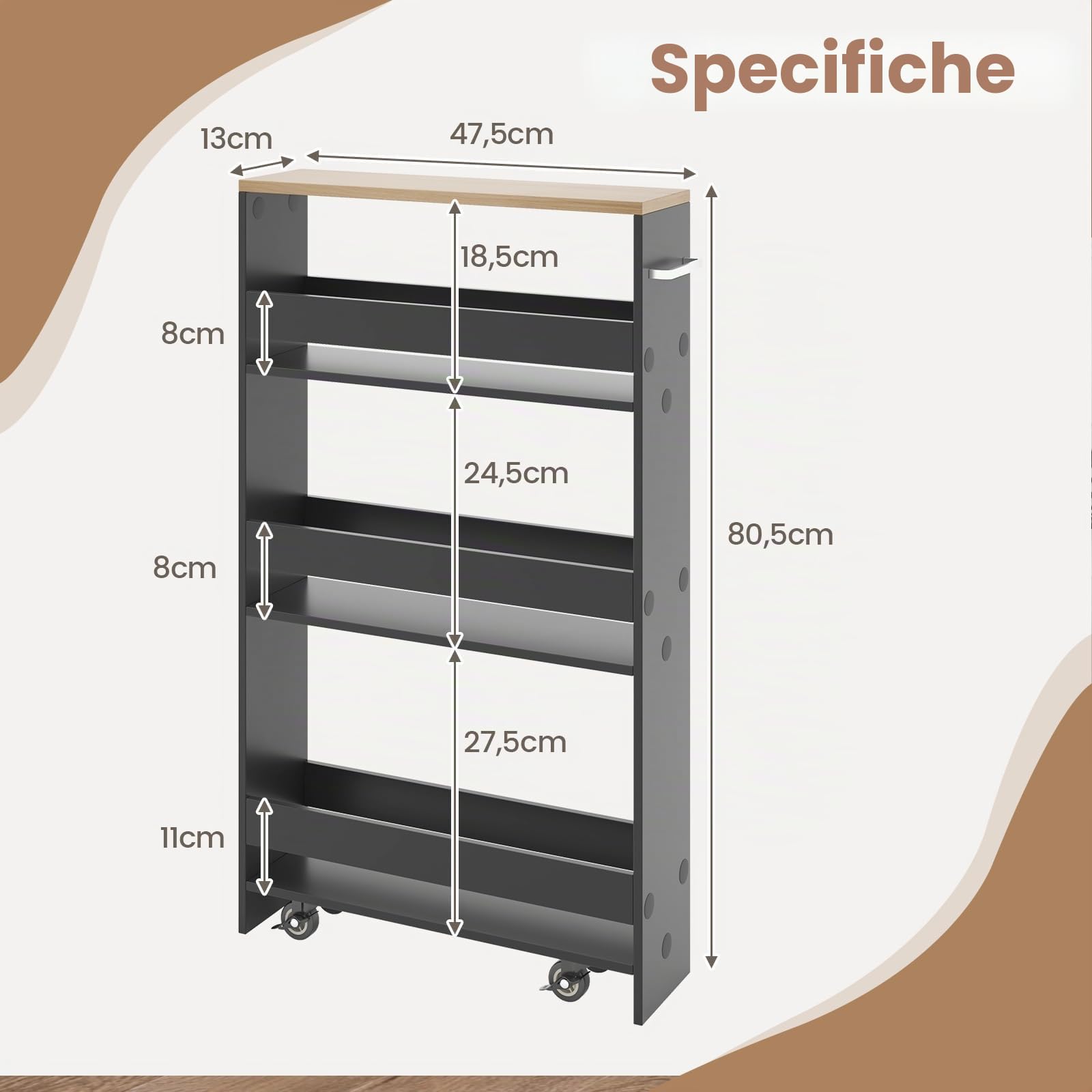 FANTASK Carrello da cucina stretto su ruote, scaffale per nicchia 13 cm di larghezza, 4 ripiani, carrello per nicchia con manico e ringhiere, mensola da bagno in legno, per cucina e bagno, 47,5 x 13 x