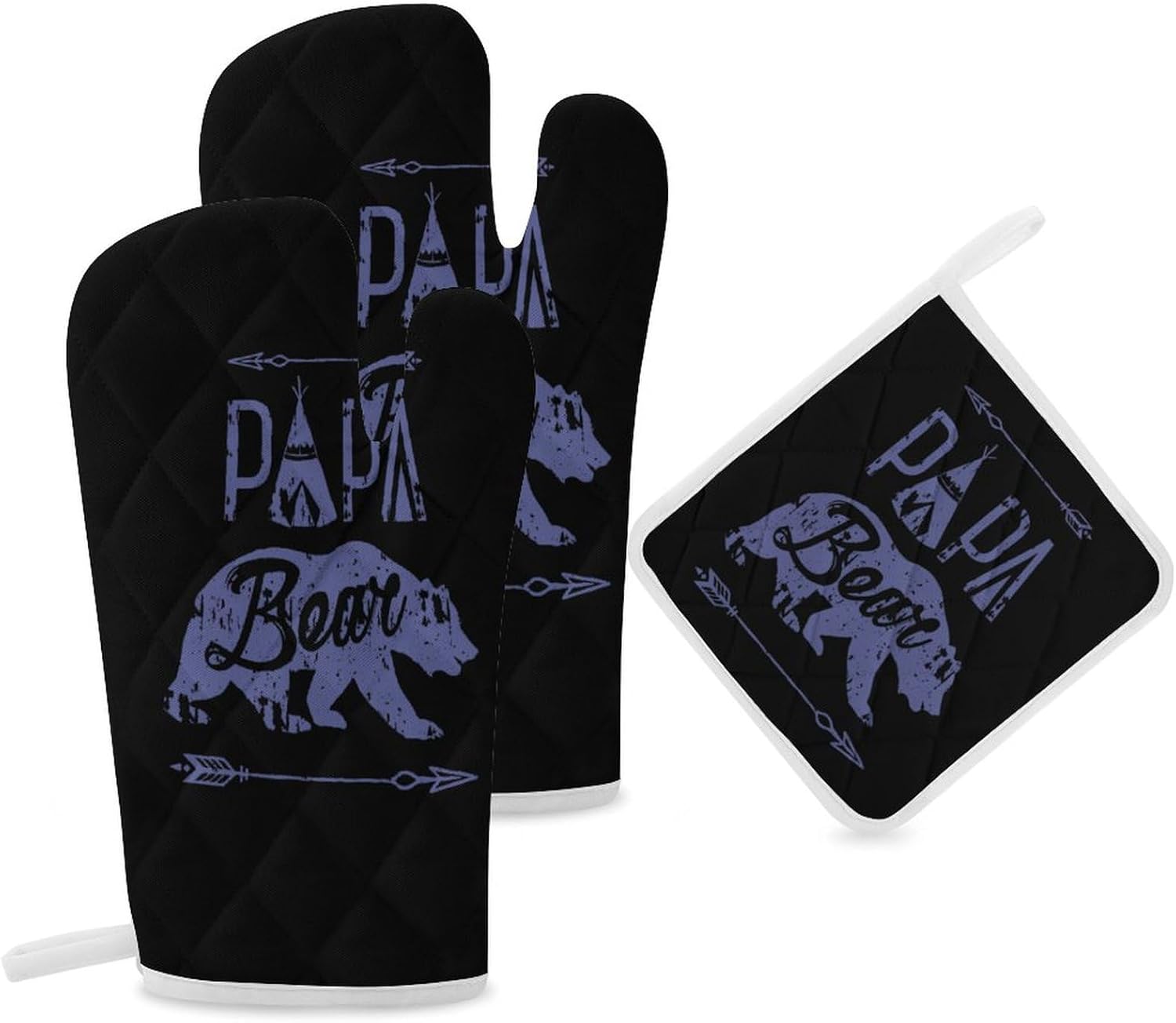 Papa Bear Print Oven Mitts and Pot Holders 3 Piece Sets Heat Resistant Gloves Hot Pads Potholders for Kitchen Baking Cooking