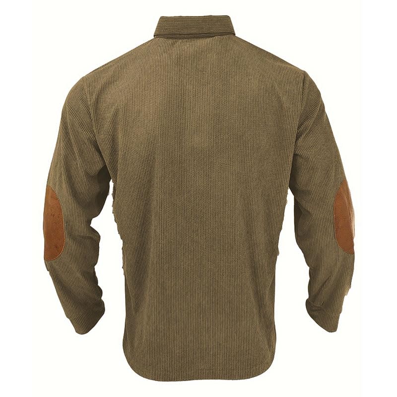 Men's Long Sleeve Sweatshirt Corduroy Spread Collar Elbow Panel Button Up Ribbed Pullover for Men3