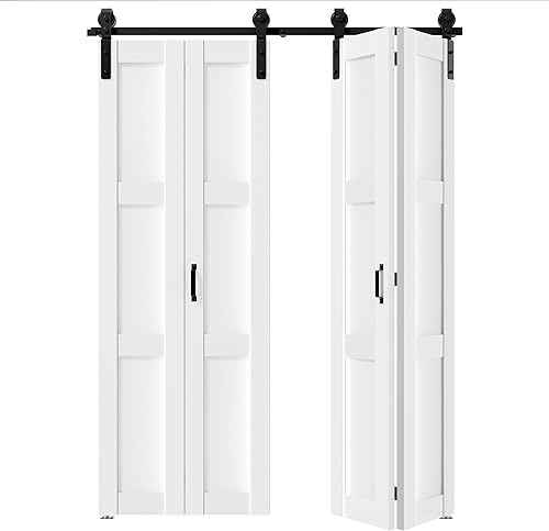 Vista 54 de Puerta de granero plegable de 36 pulgadas (18 x 2) x 84 pulgadas, puertas plegables de 3 paneles con kit de accesorios deslizantes, losa para puerta