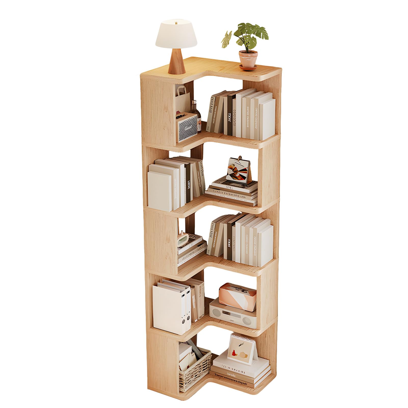 5 Etagen Eckregal Stehend, Bücherregal Holz, Eckschrank Wohnzimmer, Bücherregal Ecke, Platz Sparen/Präsentation, für Arbeitszimmer, Schlafzimmer, Büro, Holzfarbe
