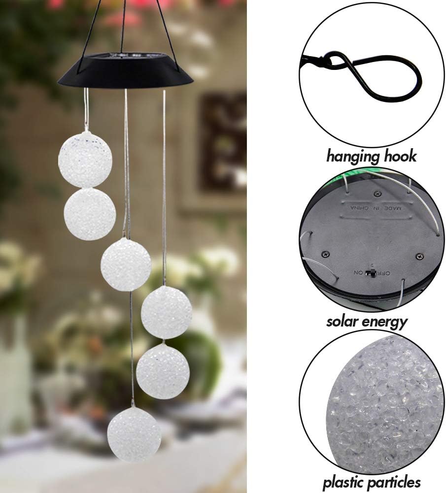 MorTime Wind Chime, Color Changing Mobile LED Solar Wind Chime Outdoor Mobile Hanging Patio Light, Porch, Deck, Garden Decor (Ball Wind Chime)