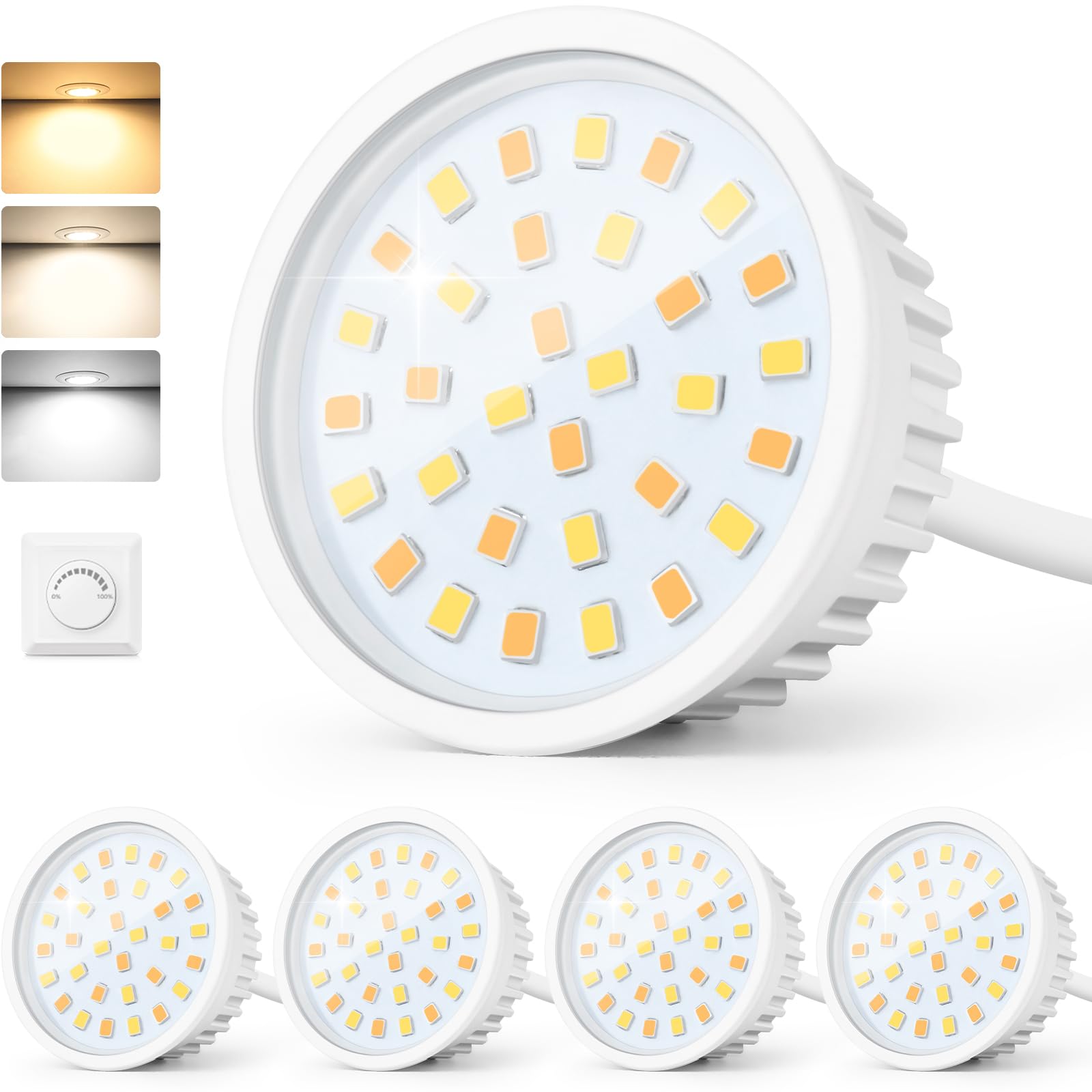 GeyouLux LED Module 230V Ultra Flat ø50x23mm for Recessed Spotlights-Mounted Spotlights - 6W 600LM IP44 120° Beam Angle Warm Natural Cool White Dimmable - Replacement MR16/GU10 Light Bulbs - 4er Set