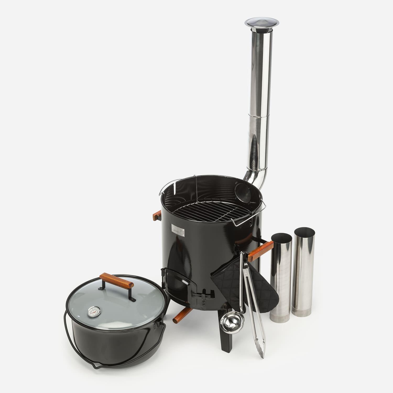 Skandika Olla/Horno Húngaro para 14 litros, termómetro en la tapa, accesorios, cucharón sopa, guante horno, pinzas y parrilla para barbacoa, asas de madera, tubo de chimenea variable