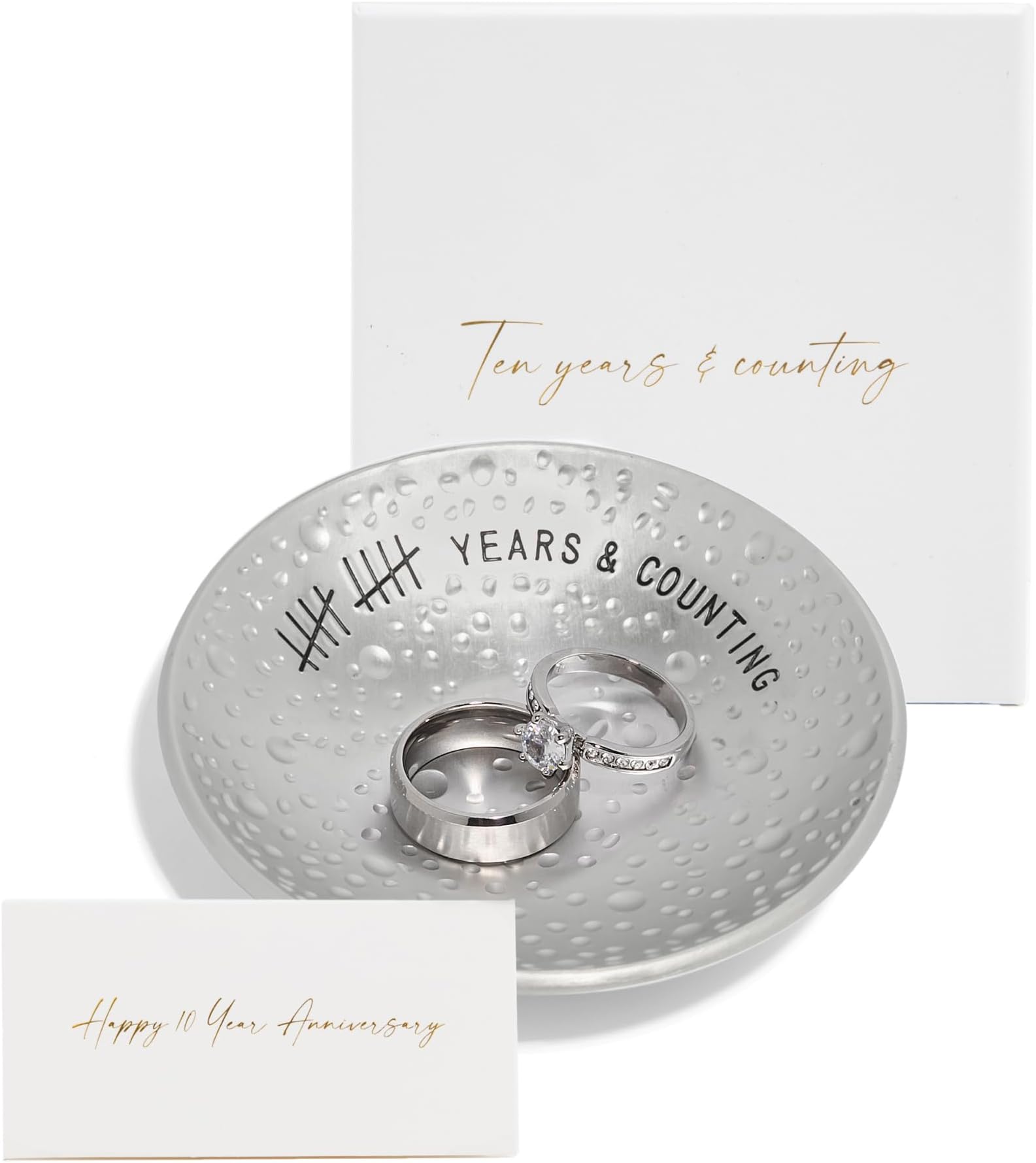 10th Anniversary Tin Gifts – 4 In., Engraved, Aluminum Wedding Ring Holder Dish & Gift Box – 10 Year Wedding Gift for Him & 10 Year Anniversary for Her Textured Style