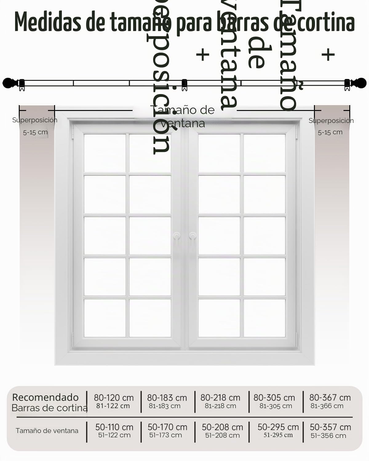 Barra de cortina negra, diámetro de 25 mm, 80-305 cm, barra de cortina de metal con cabezal redondo y 2 soportes para dormitorio, sala de estar, cocina