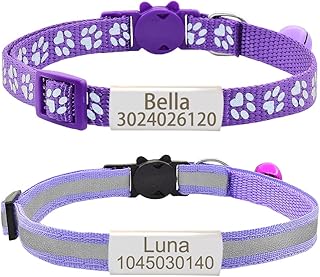 Personalized 2 Pack Reflective Cat Collar,Custom Breakaway Cat Collars with Name Tag and Bell,Anti-Lost Nameplate Cat Collar for Girls & Boys (Purple,fit 8'-11.0')