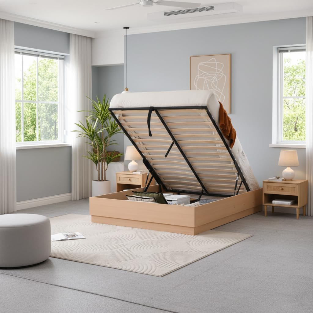 Queen Size Wood Platform Bed Frame with Lift Up Storage, No Headboard, Large Storage Underneath, Gas Hydraulic Lift, Wooden Slats Support, No Box Spring Needed, Easy Assembly, Natural Wood