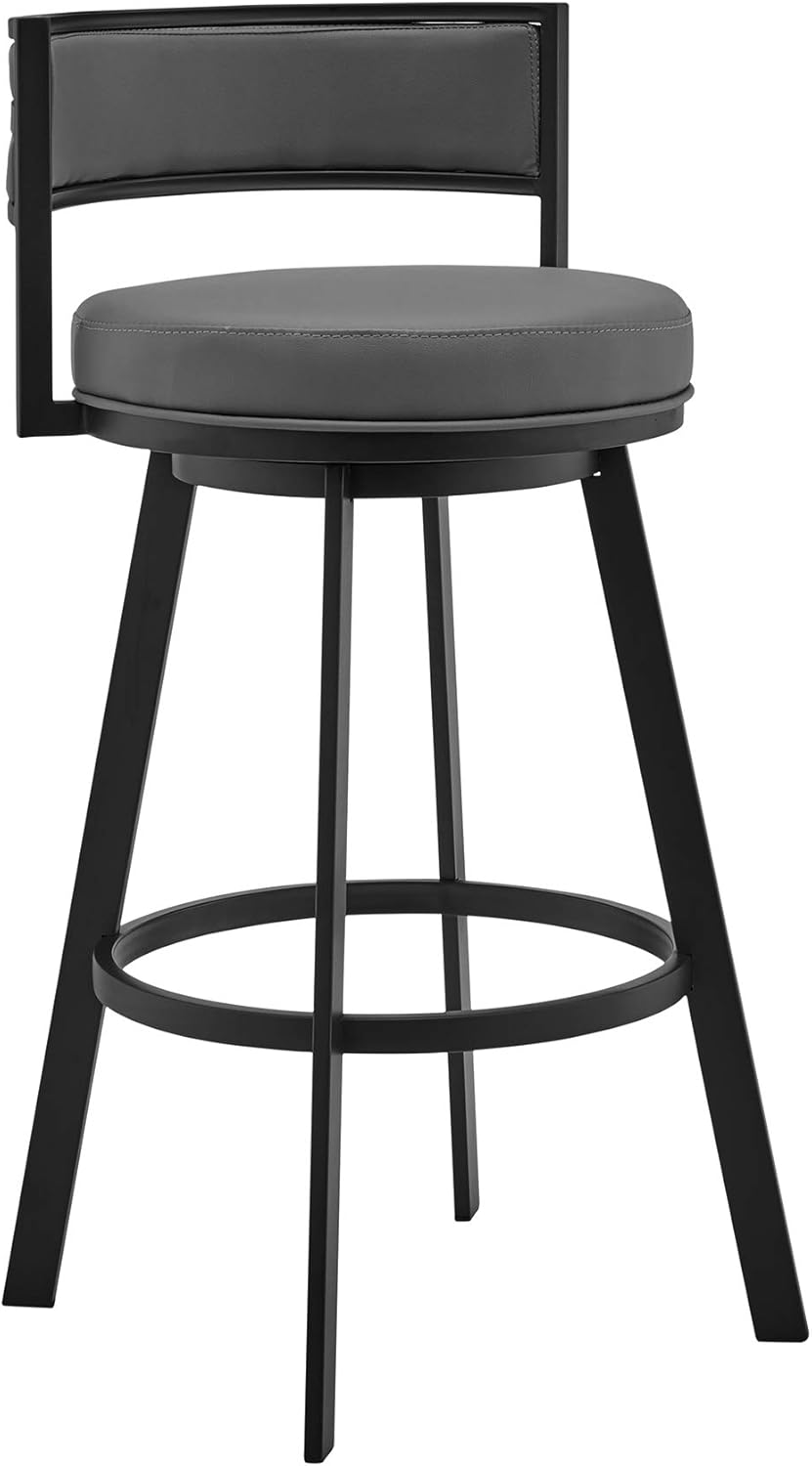 Armen Living Roman 26" Gray Faux Leather and Black Metal Swivel Bar Stool