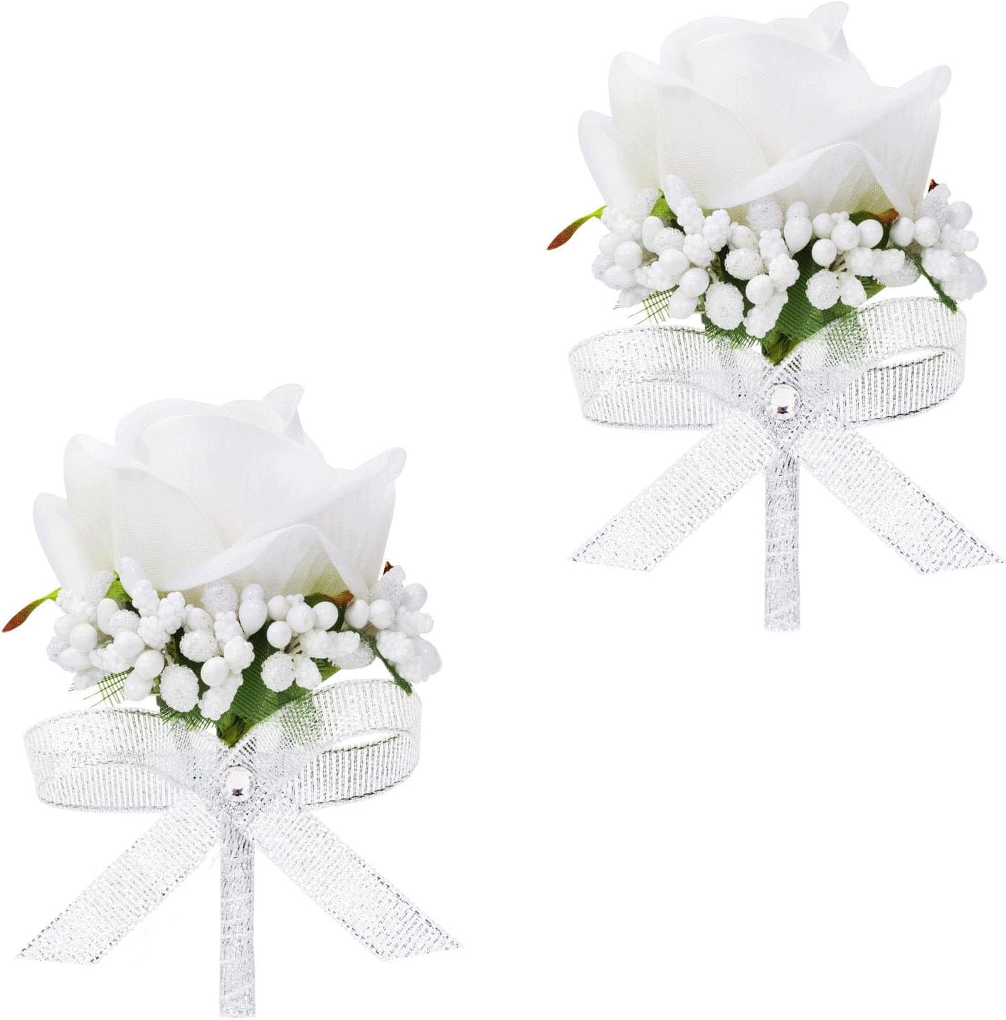 White Rose Boutonniere for Men, Set of 2, Groom and Best Man Artificial Boutonnieres, for Wedding Anniversary Ceremony Dinner Prom Party Flower Decorations