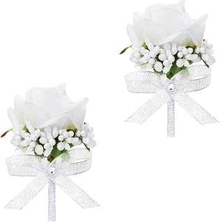 White Rose Boutonniere for Men, Set of 2, Groom and Best Man Artificial Boutonnieres, for Wedding Anniversary Ceremony Dinner Prom Party Flower Decorations