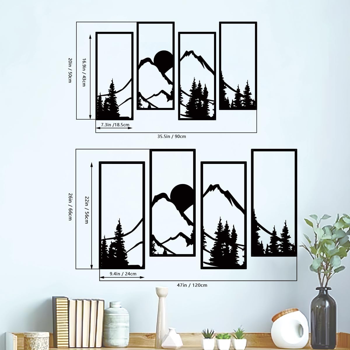 ruelen 4 Pcs Metal Sunset Mountain Forest Wall Decor, Abstract Minimalist Line Drawing Large Mountains Wall Art Home Decor for Living Room Bathroom Bedroom Office Indoor And Outdoor (Black, Large)